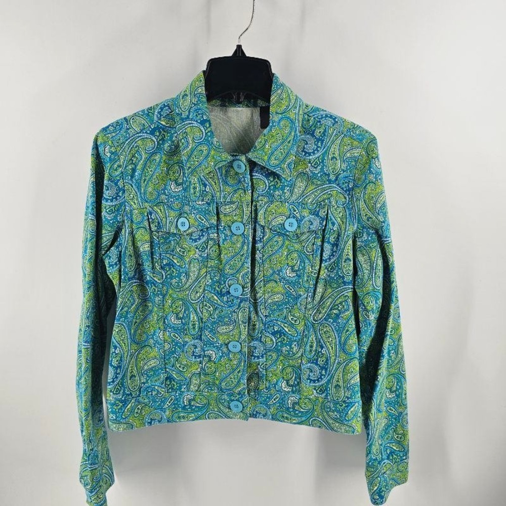 Liz Claiborne Paisley Trucker Jacket Women M Blue Green Boho Stretch
